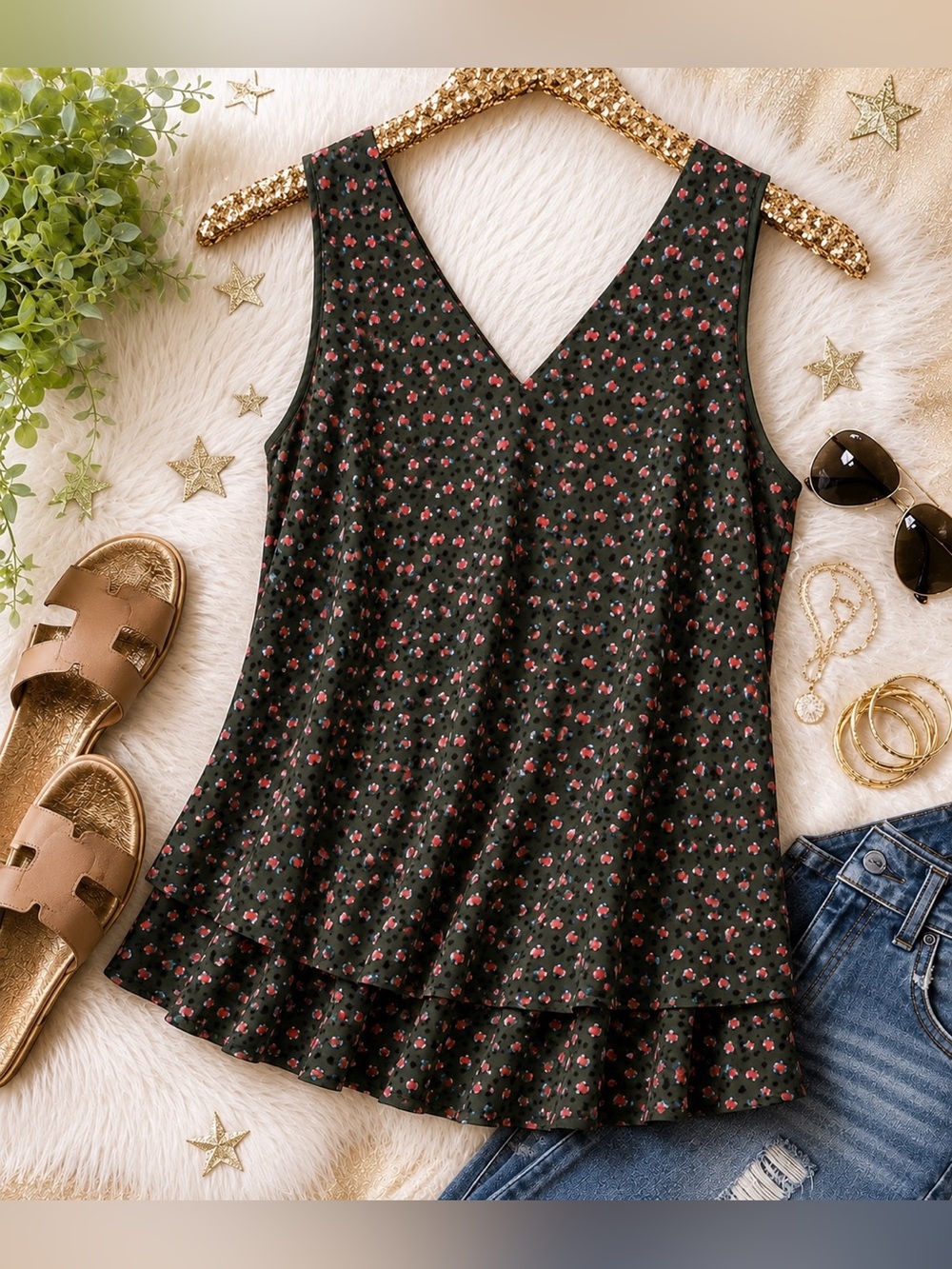 Dark Olive Green Zac & Rachel Sleeveless Lined Double-Layer Ruffle Peplum Blouse